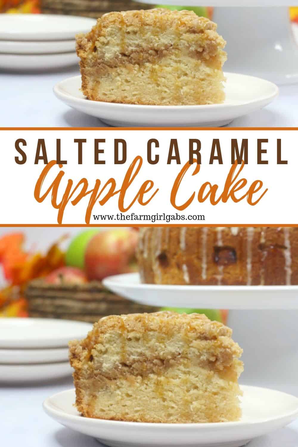 Salted Caramel Apple Cake is moist, fluffy and loaded with fresh sweet apples. It is then drizzled with a decadent salted caramel glaze. This apple cake recipe is a winner! #applecake #applecrumbcake #saltedcaramel #appledessert