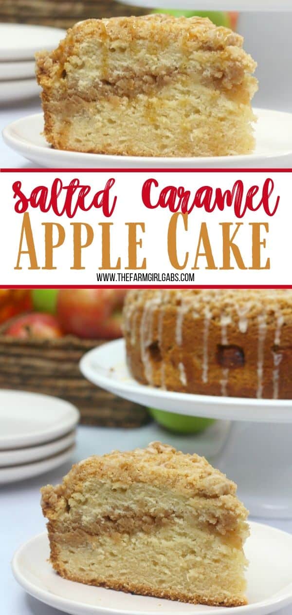 Salted Caramel Apple Cake is moist, fluffy and loaded with fresh sweet apples. It is then drizzled with a decadent salted caramel glaze. This apple cake recipe is a winner! #applecake #applecrumbcake #saltedcaramel #appledessert