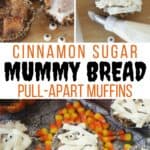 Halloween party on the horizon? These Mummy Bread Cinnamon Sugar Pull-Apart Muffins are easy, delicious and hauntingly fun. These monkey bread muffins will be a huge hit! #mummytreats #halloweendessert #halloweensnack #halloweenpartyideas