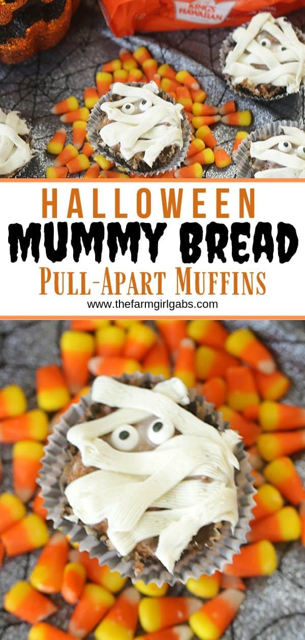 Halloween party on the horizon? These Mummy Bread Cinnamon Sugar Pull-Apart Muffins are easy, delicious and hauntingly fun. These monkey bread muffins will be a huge hit! #mummytreats #halloweendessert #halloweensnack #halloweenpartyideas