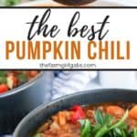 Pumpkin Chili is a delicious twist on the classic chili recipe. This easy chili recipe is made with pumpkin puree, ground beef, beans, and a simple homemade blend of chili seasonings. #pumpkinchili #chilirecipe #pumpkinrecipe