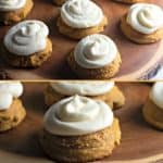 These Bakery Style Soft Pumpkin Cookies are soft and mildly sweet with just the right amount of pumpkin spice. The cream cheese icing is the perfect topping make this pumpkin cookie recipe a perfect fall treat. #pumpkincookies #pumpkinrecipe #falldessert #cookierecipe