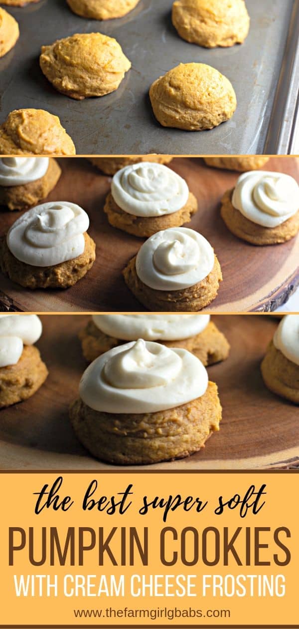 These Bakery Style Soft Pumpkin Cookies are soft and mildly sweet with just the right amount of pumpkin spice. The cream cheese icing is the perfect topping make this pumpkin cookie recipe a perfect fall treat. #pumpkincookies #pumpkinrecipe #falldessert #cookierecipe