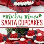 Make this Christmas a Disney Christmas. These adorable Mickey Mouse Santa Cupcakes are the perfect holiday Disney snack to celebrate Christmas. This Disney dessert is so easy and festive. Add a cute Mickey Santa hat to these decorated Christmas cupcakes. #disneysnack #christmascupake #disneyfood
