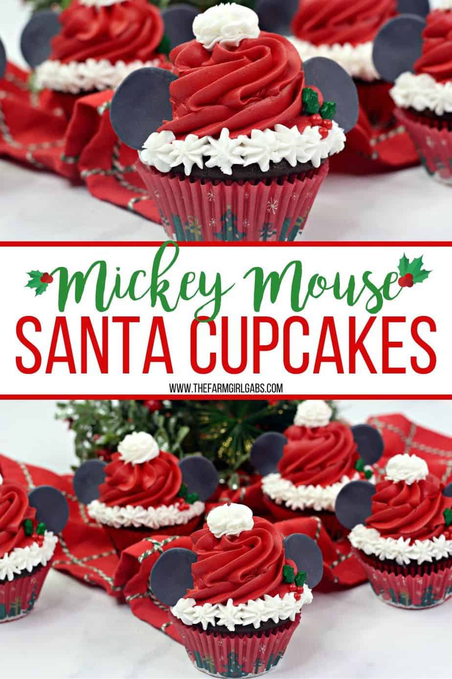 Make this Christmas a Disney Christmas. These adorable Mickey Mouse Santa Cupcakes are the perfect holiday Disney snack to celebrate Christmas. This Disney dessert is so easy and festive. Add a cute Mickey Santa hat to these decorated Christmas cupcakes. #disneysnack #christmascupake #disneyfood