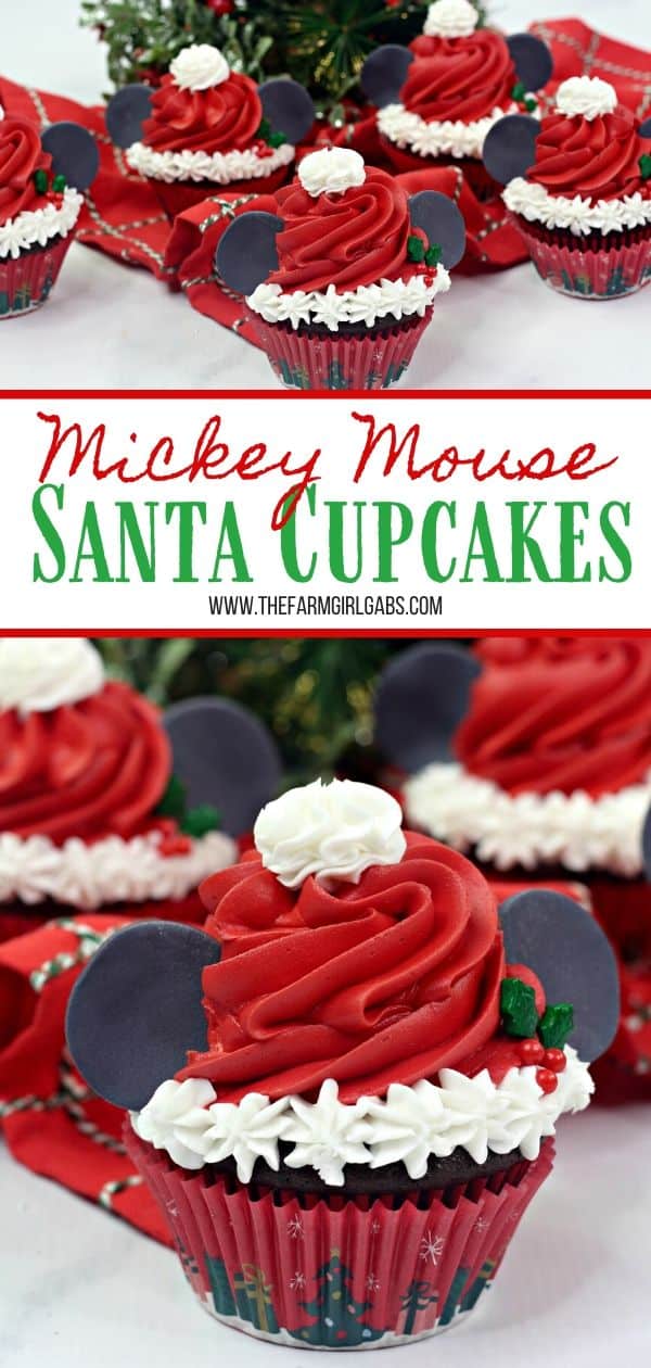 Make this Christmas a Disney Christmas. These adorable Mickey Mouse Santa Cupcakes are the perfect holiday Disney snack to celebrate Christmas. This Disney dessert is so easy and festive. Add a cute Mickey Santa hat to these decorated Christmas cupcakes. #disneysnack #christmascupake #disneyfood