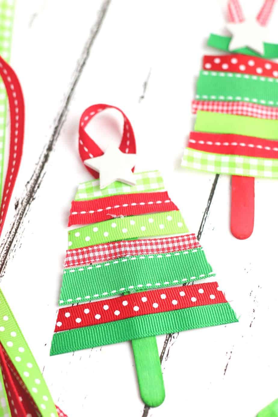These Ribbon Tree Ornaments are a fun Christmas craft to make. Use any colorful ribbon to make these easy ornaments for your Christmas tree. This is a fun Christmas craft for kids too. #ornaments #ChristmasTree #ChristmasCraft