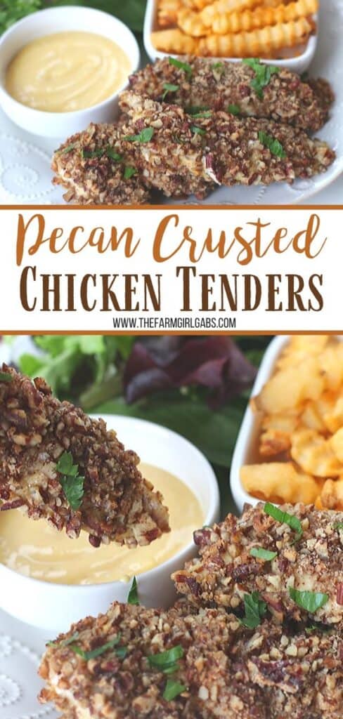 This baked Pecan Crusted Chicken recipe has a whole lot of flavor and a delicious pecan crunch. Enjoy these chicken tenders as is, with dipping sauce or on top of a salad.