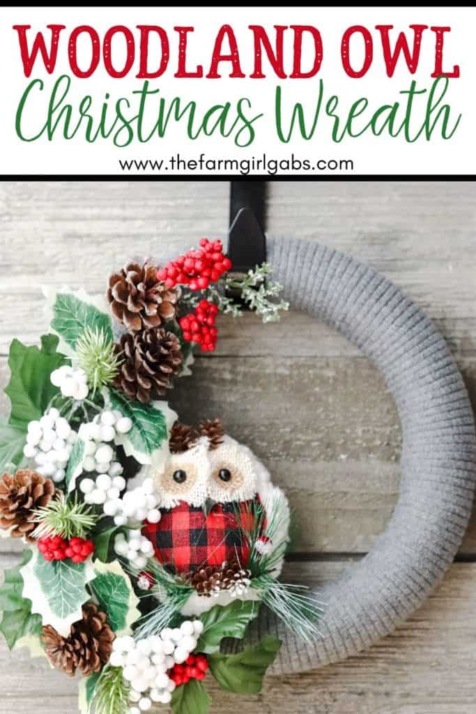Super cute, super easy and super affordable! Gotta love Dollar Store Craft ideas! Add a rustic farmhouse touch to your Christmas decor this year. This whimsical DIY Woodland Owl Christmas Wreath is an easy Christmas Dollar Store craft project. #christmaswreath #christmascraft