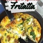 Start your day off right with this Sausage, Spinach and Feta Frittata recipe. This easy frittata recipe is perfect for breakfast or brunch. Filled with fresh spinach, Italian sausage and feta cheese, this omlette recipe is a breakfast winner! It makes a great brunch recipe too. This make-ahead breakfast option is perfect throughout the week for a quick meal or snack. This easy Italian omlette is healthy and delicious. #frittata #sausagefrittata