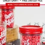Share some sweetness this Valentine's Day. These Cricut Valentine Candy Mason Jars are a great gift idea for teachers, family and friends. This is an easy Valentine Craft idea to make with your Cricut Machine. This Cricut craft project is a perfect way to celebrate Valentine's Day. #cricutcraft #masonjars #valentinesday #valentinecraft