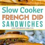 These flavorful Easy Crock Pot French Dip Sandwiches are a family favorite. Top them with provolone cheese and serve with a side of au jus. This Slow Cooker French Dip Sandwich recipe is perfect for a weeknight meal or to serve at a game day party or casual get together. This is an easy sandwich recipe that everyone will enjoy. #frenchdip #slowcookerrecipe #crockpotrecipe #slowcookerfrenchdip