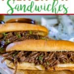 These flavorful Easy Crock Pot French Dip Sandwiches are a family favorite. Top them with provolone cheese and serve with a side of au jus. This Slow Cooker French Dip Sandwich recipe is perfect for a weeknight meal or to serve at a game day party or casual get together. This is an easy sandwich recipe that everyone will enjoy. #frenchdip #slowcookerrecipe #crockpotrecipe #slowcookerfrenchdip