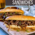 These flavorful Easy Crock Pot French Dip Sandwiches are a family favorite. Top them with provolone cheese and serve with a side of au jus. This Slow Cooker French Dip Sandwich recipe is perfect for a weeknight meal or to serve at a game day party or casual get together. This is an easy sandwich recipe that everyone will enjoy. #frenchdip #slowcookerrecipe #crockpotrecipe #slowcookerfrenchdip