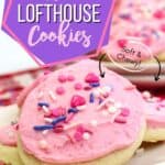 These soft and buttery Valentine Lofthouse Sugar Cookies are the perfect sweet treat. These easy sour cream cookies are topped with sweet frosting and sprinkles. This is an easy sugar cookie recipe that requires no rolling. You can make them for any season or holiday by just changing the color of the frosting. Copycat Lofthouse cookies are soft and chewy. This cookie recipe won't last long. #sugarcookies #lofthousecookies #valentinesdayrecipe #partyidea