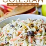 Coleslaw isn't just for picnics. Take your coleslaw to a new level with this tasty Homemade Apple Raisin Coleslaw. This homemade coleslaw recipe is the perfect side dish to serve any time of year. Ready in just 10 minutes, this delicious southern coleslaw recipe is topped with a creamy homemade dressing. It's the perfect blend of sweet and savory. #coleslaw #easyrecipe #homemadecoleslaw