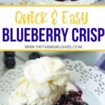 It's blueberry season! This easy blueberry crisp recipe it the perfect way to celebrate. This fruit crisp is a super simple summer dessert and perfect with a dollop of ice cream. This recipe is one of our favorite summer desserts. You family will love this quick and easy fruit crisp recipe. #blueberrycrisp #blueberryrecipe #summerdessert