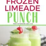 Cool off with a glass of this refreshing Frozen Limeade Punch. This is an easy frozen drink recipe that makes a great party punch too. This non-alcoholic drink recipe is the perfect mocktail for kids and adults. It is a big batch recipe so it is a perfect party drink. This limeade slushie recipe is a winner.