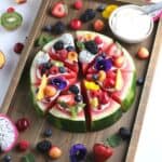 This Watermelon Pizza recipe is a refreshing dessert. No oven is needed for this sweet and delicious no-bake dessert recipe. It is the perfect summer fruit recipe.