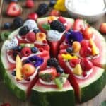 This Watermelon Pizza recipe is a refreshing dessert. No oven is needed for this sweet and delicious no-bake dessert recipe. It is the perfect summer fruit recipe.