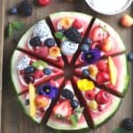 This Watermelon Pizza recipe is a refreshing dessert. No oven is needed for this sweet and delicious no-bake dessert recipe. It is the perfect summer fruit recipe.