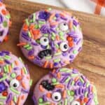 Making Halloween Monster Sprinkle Cookies is easier than you might think. With only 30 minutes of preparation and 10 minutes of baking time, you can have these easy Halloween cookies ready for your loved ones in less than an hour.