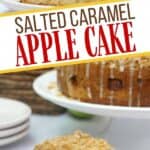 Salted Caramel Apple Cake is moist, fluffy and topped with fresh sweet apples. It is then drizzled with a decadent salted caramel glaze. This easy apple cake recipe is a winner! This simple fall apple dessert won't last long.