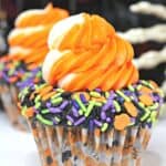 It's not Halloween without a sweet treat. These Halloween Sprinkle Cupcakes are and easy Halloween treat everyone will enjoy. This chocolate cupcake recipe is easy to make and makes the perfect Halloween recipe.