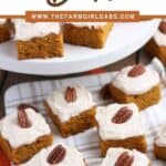 These easy to make pumpkin bars have the perfect combination of pumpkin and spices. Slather on the cream cheese frosting that also has pumpkin pie spice flavor and you have a hit!