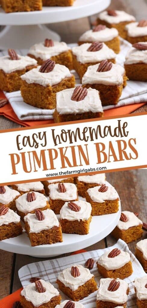 These easy to make pumpkin bars have the perfect combination of pumpkin and spices. Slather on the cream cheese frosting that also has pumpkin pie spice flavor and you have a hit!