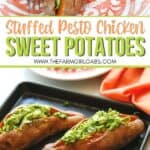 Enjoy a dairy-free and flavorful dish when preparing the Pesto Chicken Stuffed Sweet Potatoes. You can prepare this Whole 30 recipe in less than two hours. You will love how easy this sweet potato recipe is to make. This baked sweet potatoes recipe is so delicious.