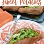 Enjoy a dairy-free and flavorful dish when preparing the Pesto Chicken Stuffed Sweet Potatoes. You can prepare this Whole 30 recipe in less than two hours. You will love how easy this sweet potato recipe is to make. This baked sweet potatoes recipe is so delicious.