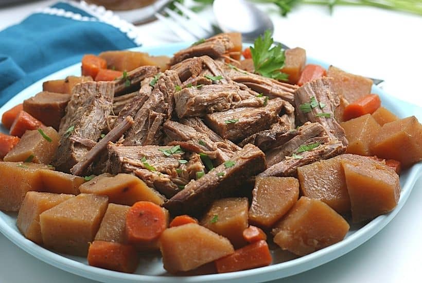 Bring the taste of comfort food home with this classic Crock Pot Beef Roast recipe. The hearty meal cooks at a steady pace in the slow cooker to provide a meal that will melt in your mouth. This easy slow cooker pot roast recipe is loaded with carrots, potatoes and onions. No need to turn the oven on with the easy Crock Pot Pot Roast recipe.
