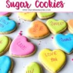 Take your favorite conversation hearts Valentine candy and turn them into these fun Conversation Heart Sugar Cookies. This Valentine's Day Sugar Cookie recipe is "rly sweet".