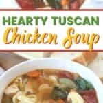 This classic Tuscan Chicken Soup will warm you up on a cold winter's day! This easy soup recipe is filled with hearty vegetables, chicken and tortellini. This Italian-style chicken soup is easy to prepare and is filled with spinach too. It can be easily prepared in a slow cooker, making it a delicious slow cooker chicken soup or an easy Instant Pot Soup recipe.
