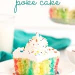 Make a colorful, moist, and utterly delicious cake within minutes with this Rainbow Poke Cake recipe. It is full of flavor and plenty of fun colors, including shades of pink, blue, and yellow!