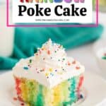 Make a colorful, moist, and utterly delicious cake within minutes with this Rainbow Poke Cake recipe. It is full of flavor and plenty of fun colors, including shades of pink, blue, and yellow!