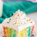 Make a colorful, moist, and utterly delicious cake within minutes with this Rainbow Poke Cake recipe. It is full of flavor and plenty of fun colors, including shades of pink, blue, and yellow!