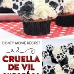These Disney Cupcakes are inspired by the upcoming Disney movie Cruella. Make a batch of these Cruella de Vil cupcakes and celebrate the wickedness. This easy cupcake recipe is perfect for Disney fans. I love making Disney recipes at home. This Disney cupcake recipe is easy to make and easy to decorate. Celebrate your inner Disney Villain and whip up a batch of these Cruella cupcakes. These cupcakes are perfect for a 101 Dalmatians Party.