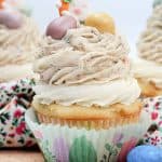 These Easter Egg Malt Cupcakes are a fun Easter cupcake recipe the whole family will enjoy. These cupcakes are easy to decorate and made with the classic malted easter eggs (or Whoppers).