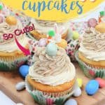These Easter Egg Malt Cupcakes are a fun Easter cupcake recipe the whole family will enjoy. These cupcakes are easy to decorate and made with the classic malted easter eggs (or Whoppers).