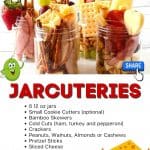 Do you love making charcuterie boards? Why not personalize them. Jarcuterie Mason Jars are a fun alternative to a charcuterie board. These mason jar appetizers are individually portioned in mason jars. They are an easy party idea to serve at your next gathering. Fill these mason jars with your favorite cheeses, meats and condiments for a perfectly portioned snack idea. These Charcuterie Mason Jars are your own personal charcuterie board.