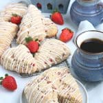 Impress your family with homemade baked goods that they can have for breakfast or a snack. This Strawberry Scones recipe is fun to make and will stay fresh for several days. These fresh-baked scones are soft, flaky and bursting with juicy strawberries! This is also a great freezer friendly recipe. Bake a batch of these fresh strawberry scones and freeze to enjoy at a later time.