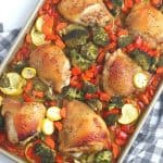 Want to make a delicious mess-free meal that is good for you? Try this health Sheet Pan Chicken Dinner consisting of chicken thighs, broccoli, carrots, and more! You will love this easy weeknight meal idea.