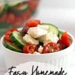 If you’d like a light and refreshing side dish, try this Greek Salad. It consists of healthy ingredients that are good for you, including cucumbers and red onions. This is an easy salad recipe to serve as a simple side dish, potluck recipe or at a summer picnic.