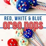 Patriotic Oreo Pops are a fun red, white and blue snack recipe to celebration the 4th of July or Memorial Day. Show you patriotic spirit and whip of a batch of these quick and easy cookie snacks.