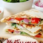Use this Mediterranean Quesadillas recipe to prepare a cheesy meat-free meal full of fresh vegetables. These quesadillas are perfect to eat for breakfast, lunch, or dinner! This easy quesadilla recipe is a delicious meatless meal idea. It's a perfect sandwich recipe for lunch or dinner.