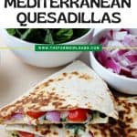 Use this Mediterranean Quesadillas recipe to prepare a cheesy meat-free meal full of fresh vegetables. These quesadillas are perfect to eat for breakfast, lunch, or dinner! This easy quesadilla recipe is a delicious meatless meal idea. It's a perfect sandwich recipe for lunch or dinner.