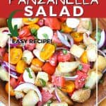Tomato season calls for a delicious Jersey Fresh Panzanella Salad. Ripe juicy tomatoes pair up with rustic French baguette bread to create a delicious summer salad. This is an easy tomato salad recipe for summer. This panzanella bread salad is made with fresh tomatoes,, onion, mozzarella cheese and toasted bread cubes, all tossed in a homemade dressing.