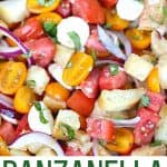 Tomato season calls for a delicious Jersey Fresh Panzanella Salad. Ripe juicy tomatoes pair up with rustic French baguette bread to create a delicious summer salad. This is an easy tomato salad recipe for summer. This panzanella bread salad is made with fresh tomatoes,, onion, mozzarella cheese and toasted bread cubes, all tossed in a homemade dressing.